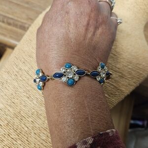 Vintage 70s Avon Crystal, Blue/Turquoise Cabochons in Gold-tone Setting Bracelet